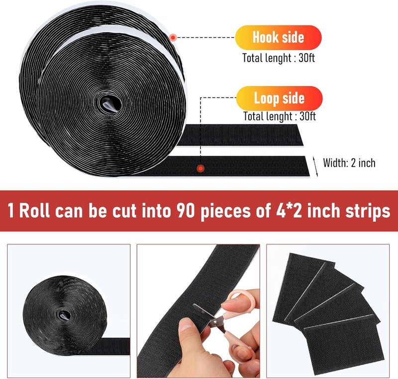 PTUNA 30Ft *2 Inch Hook and Loop Tape with Adhesive Back, Heavy Duty Double Sided Adhesive Strips, Strong Sticky Strips Roll for Home/Office/School/Car, Black - Image 3